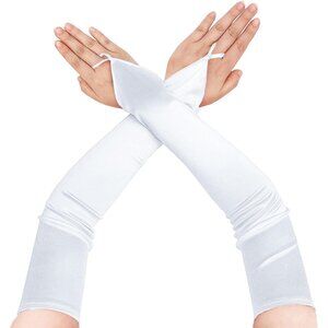Women's White Long Satin Finger Loop Fabric Gloves Opera Party Prom Costume